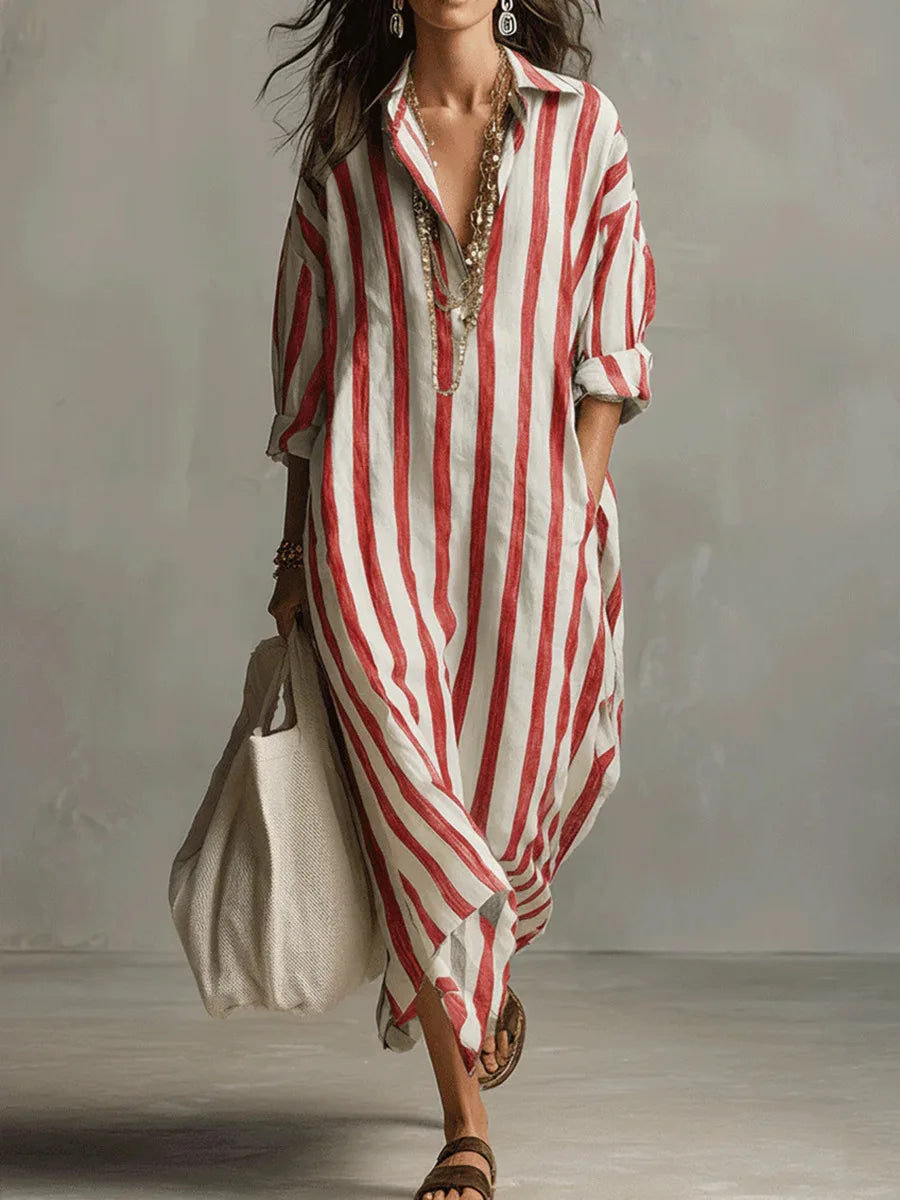 Striped Oversized Linen Shirt Casual Maxi Dress