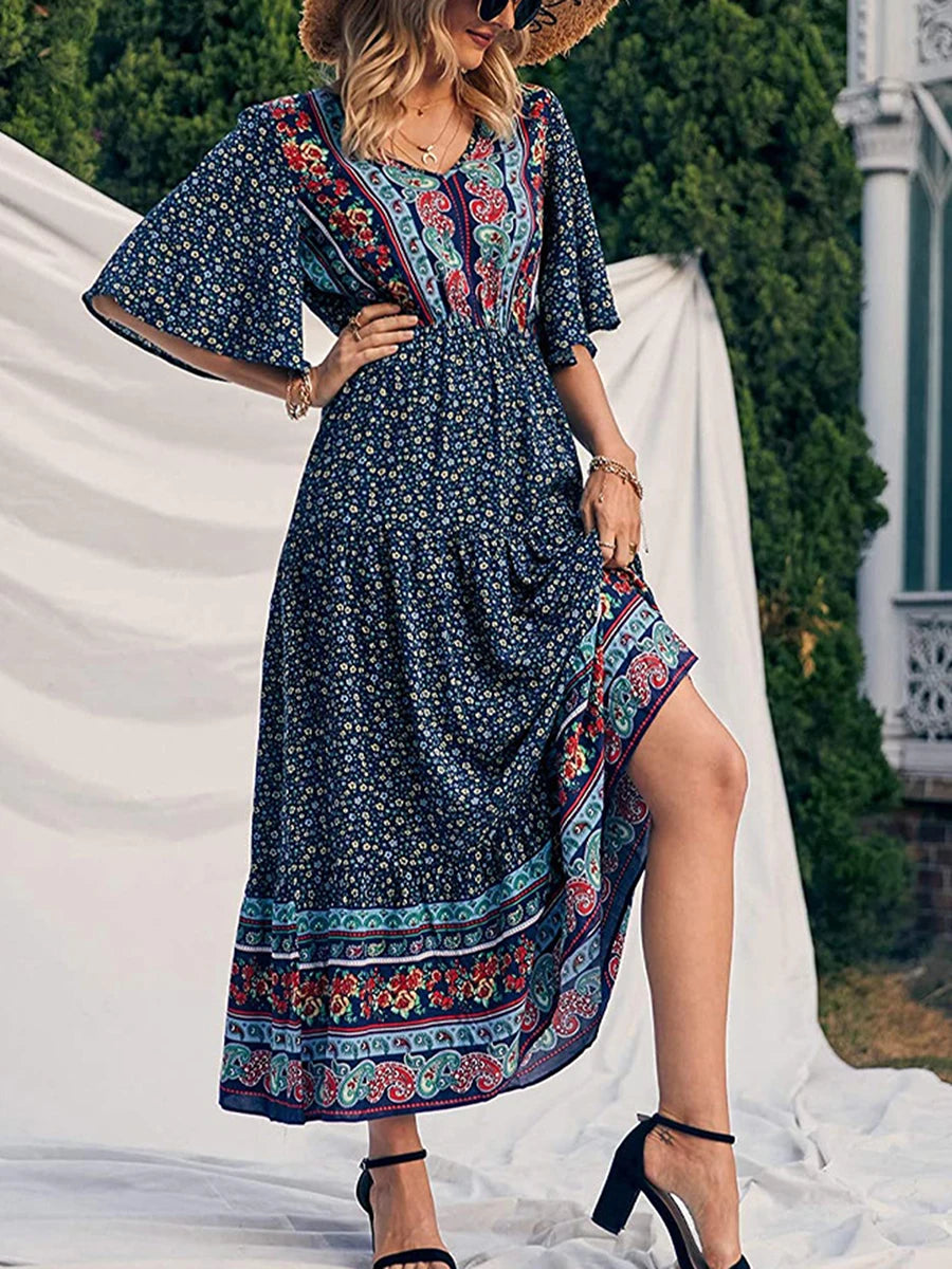Vintage Flower Pattern V-neck Bohemian Sun Dress – view 4