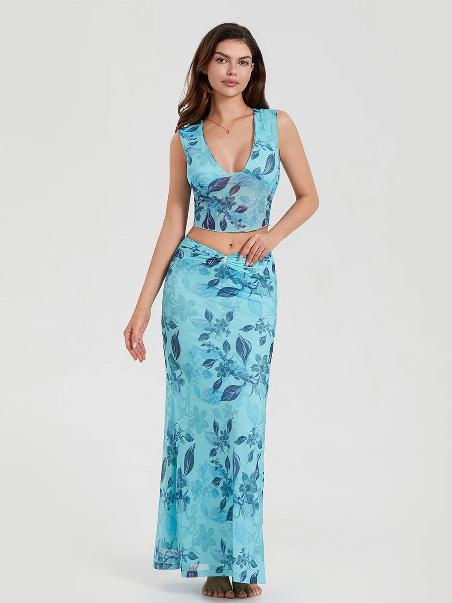 Bohemian Azure Floral Back Bandage Crop Tank Wrap Lengthy Floral Dress