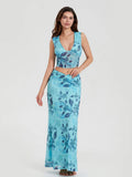 Bohemian Azure Floral Back Bandage Crop Tank Wrap Lengthy Floral Dress