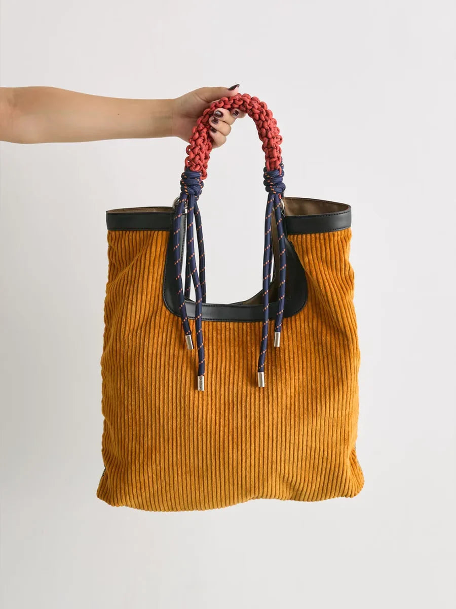 Corduroy Braided Rope Handle Leather Trim Oversized Tote Bag