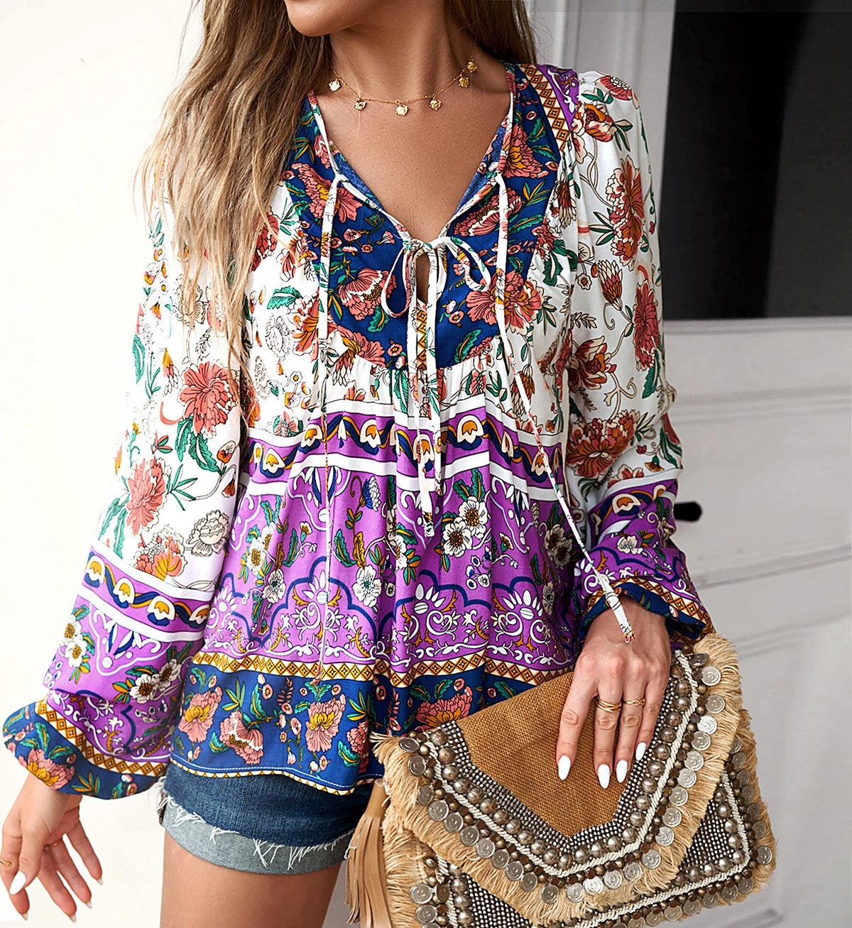 Soft Rayon Floral Printed Extended Sleeve Seaside Boho Top