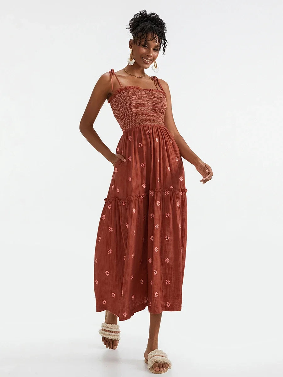 Bohemian Summer Bloom Embroidery Tie-Up Shoulder Shirred A-Line Beach Dress