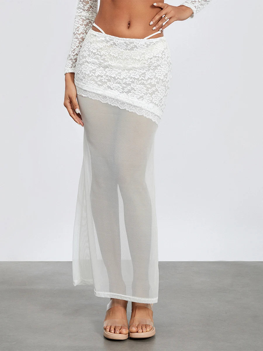 Ivory Lace Patchwork Cropped Shrug Blossom Skirt Set