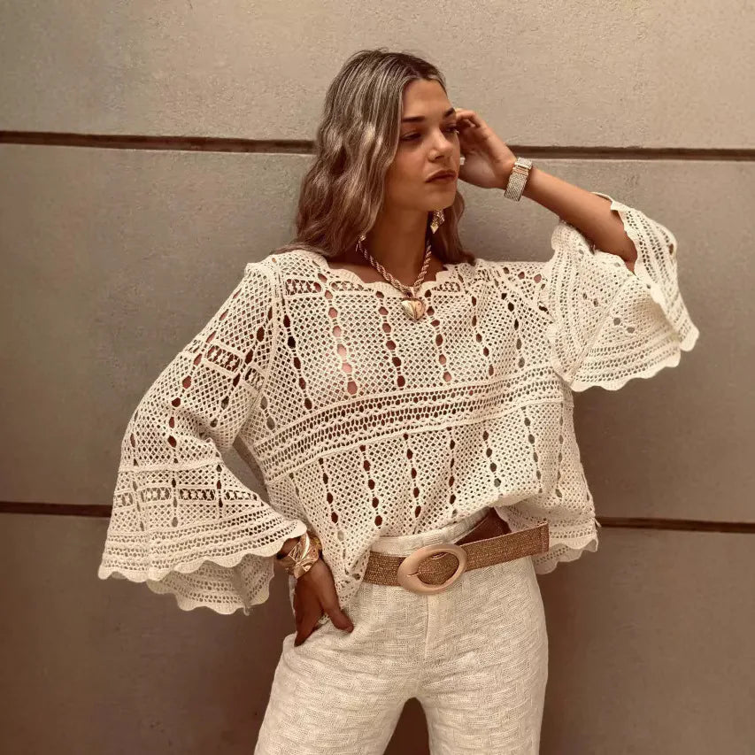 Flare Sleeve Crocheted Knitted Roomy Cotton Boho Blouse