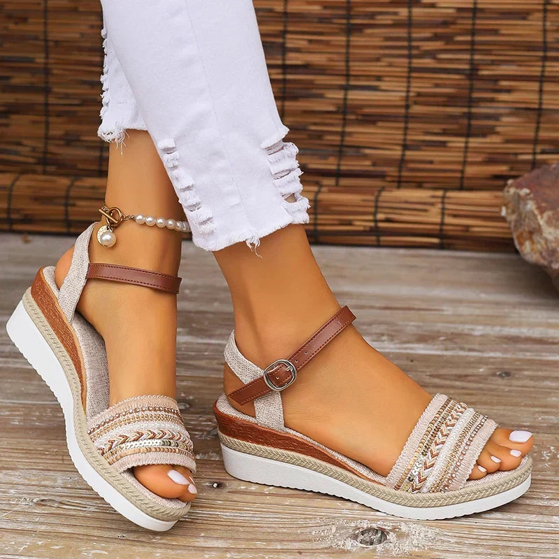 Boho Embroidered Trim Ankle Buckle Espadrille Wedge Sandal