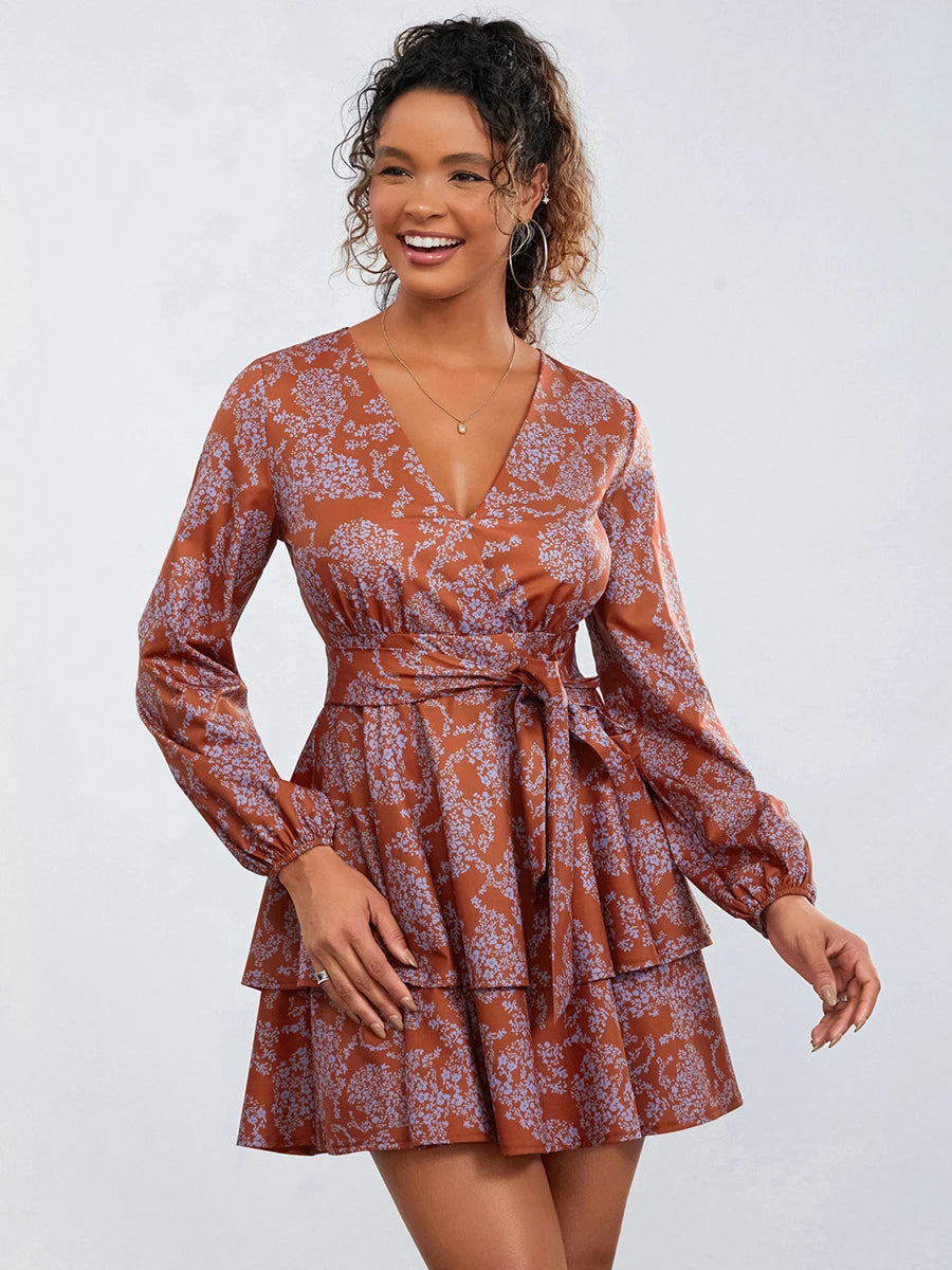 Flower Pattern Frills Tiered Mini Dress V-neck High Waist Flower Dress