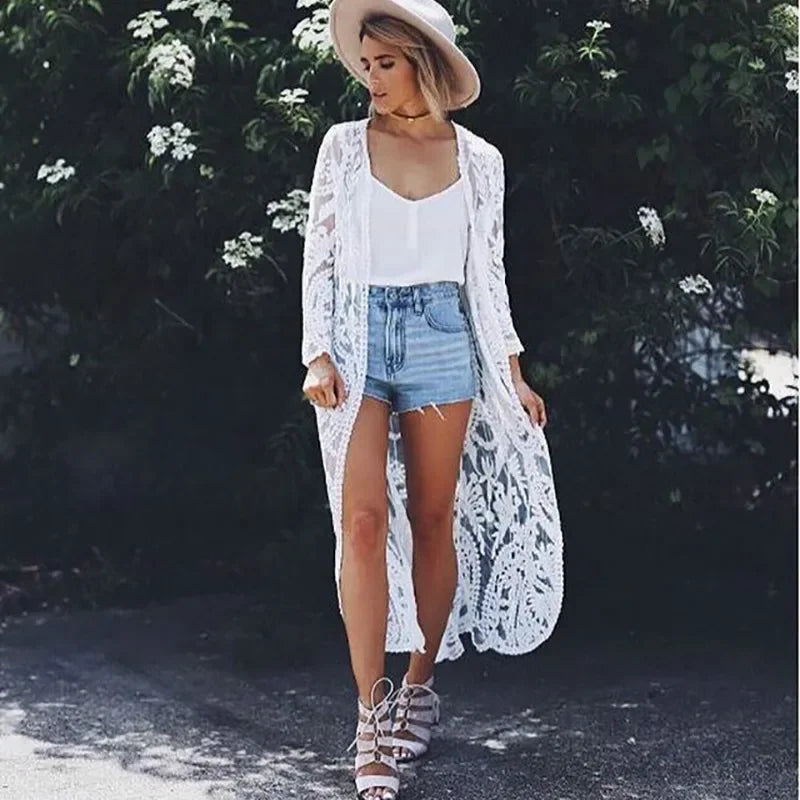 Ivory Lace Kimono Hippie Swimsuit Cover up