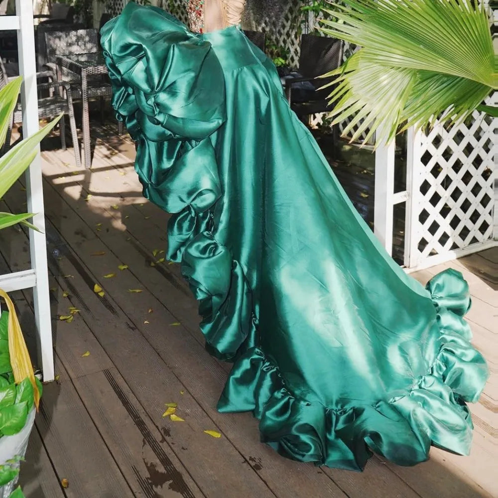 Dark Green High Low Skirt Ruffles Big Flowers Formal Wear