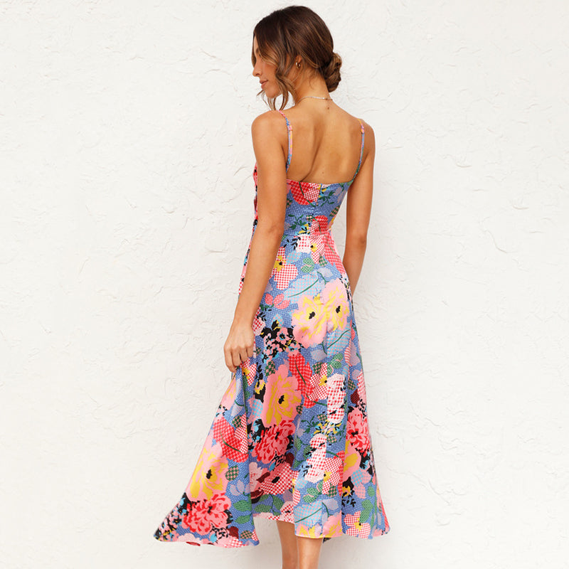 Floral Satin Tie Front Cut Out Spaghetti Strap Midi Dress