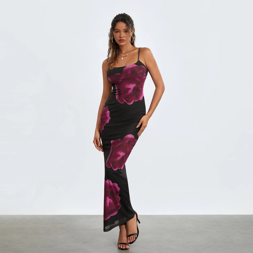 Strapless Spaghetti Strap Flower Split Back Hem Dress
