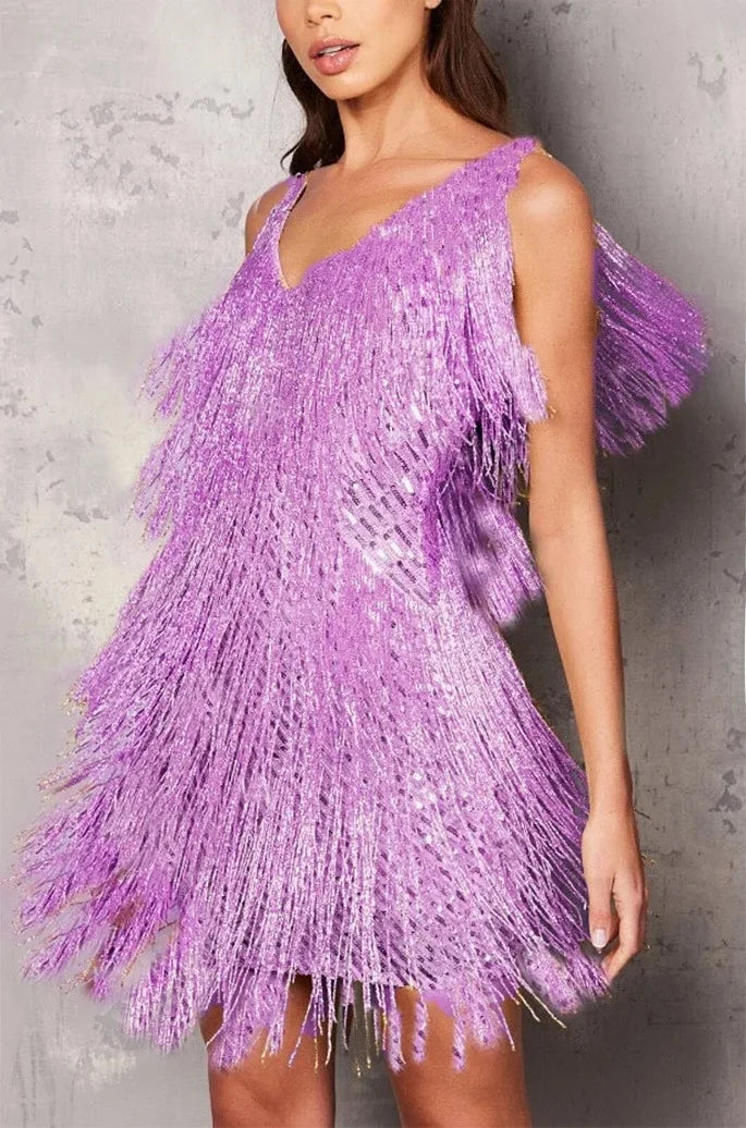 Sequin Fringe Tiered V Neck Sleeveless Party Mini Dress