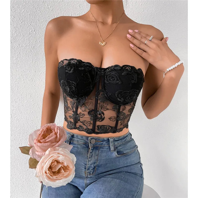 Lacy Floral Open-Back Short Y2K Seductive Crop Top – view 2