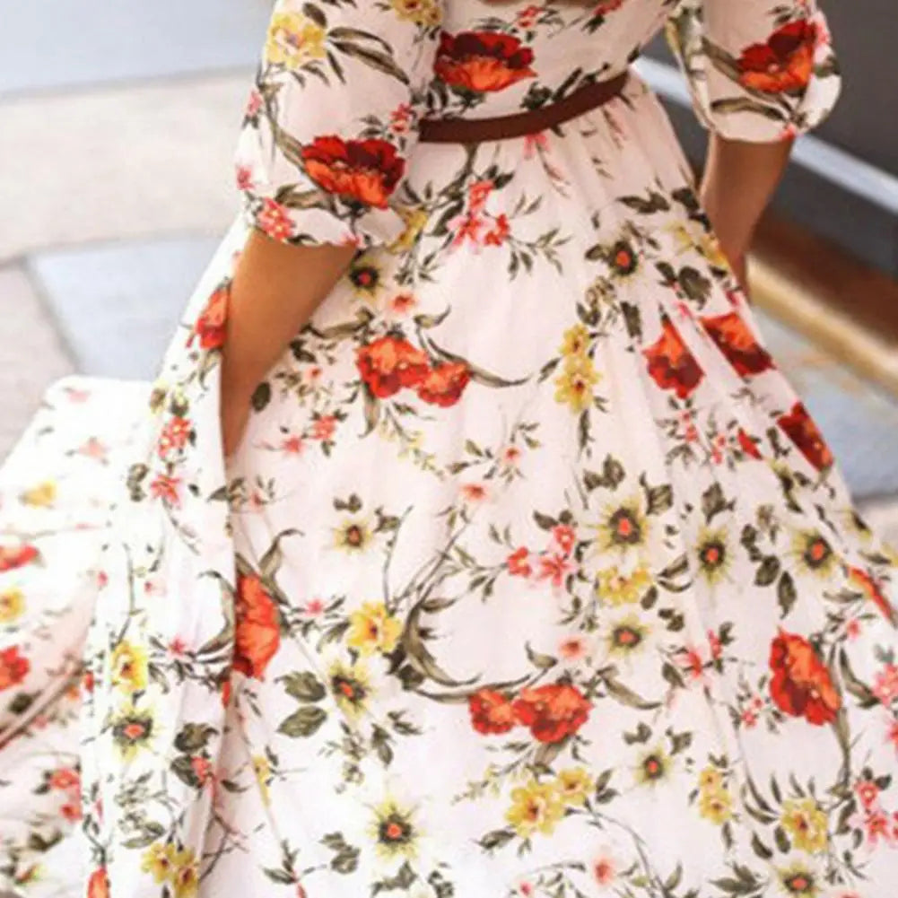 Long Dress Floral Pattern Pleated Swing Evening Dress