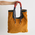 Corduroy Braided Rope Handle Leather Trim Oversized Tote Bag