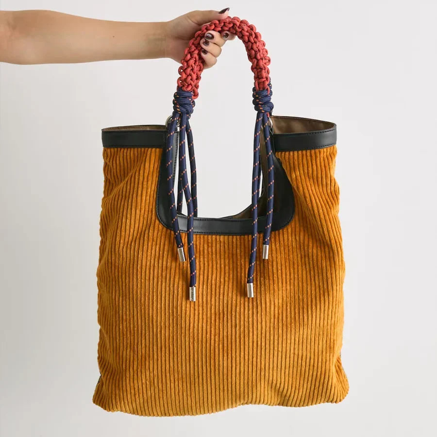 Corduroy Braided Rope Handle Leather Trim Oversized Tote Bag