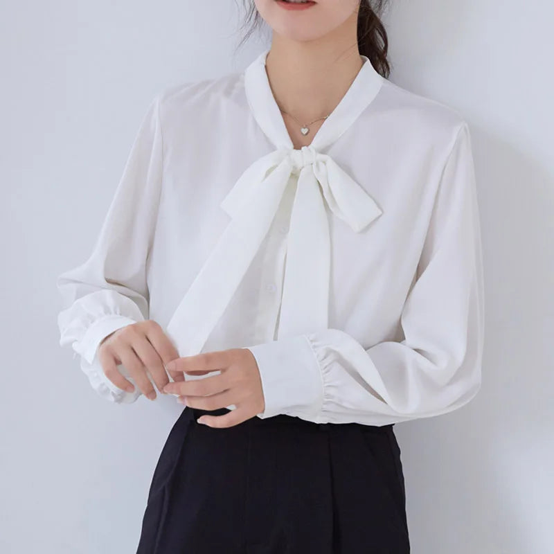 Satin Champagne Ribbon Long Sleeve Professional Woman Blouse