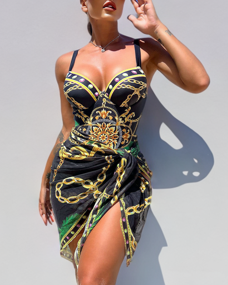 Baroque Chain Print Jewel Detail Swimsuit & Wrap Skirt Set