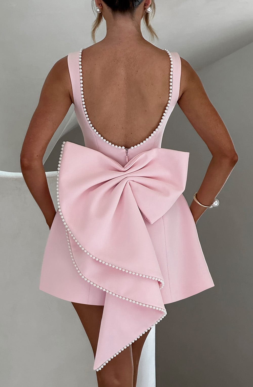 Pearl Trim Bow A-Line Homecoming Dress