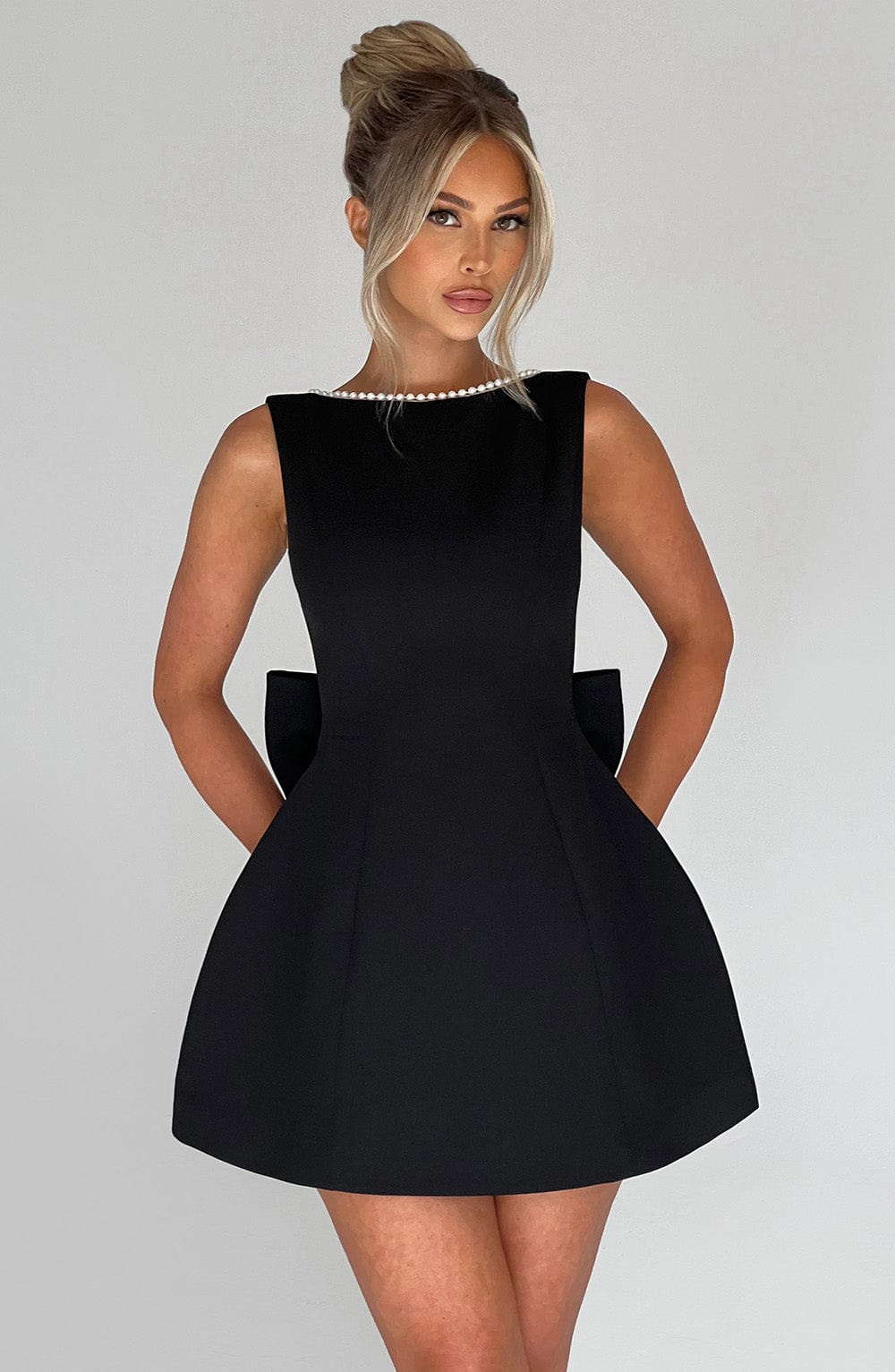 Pearl Trim Bow A-Line Homecoming Dress