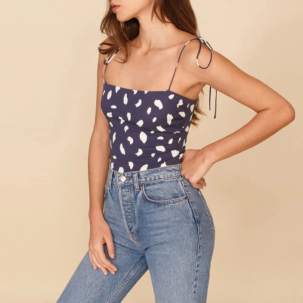 Vintage Floral Smocked Tie Strap Slim Fitted Crop Cami Top