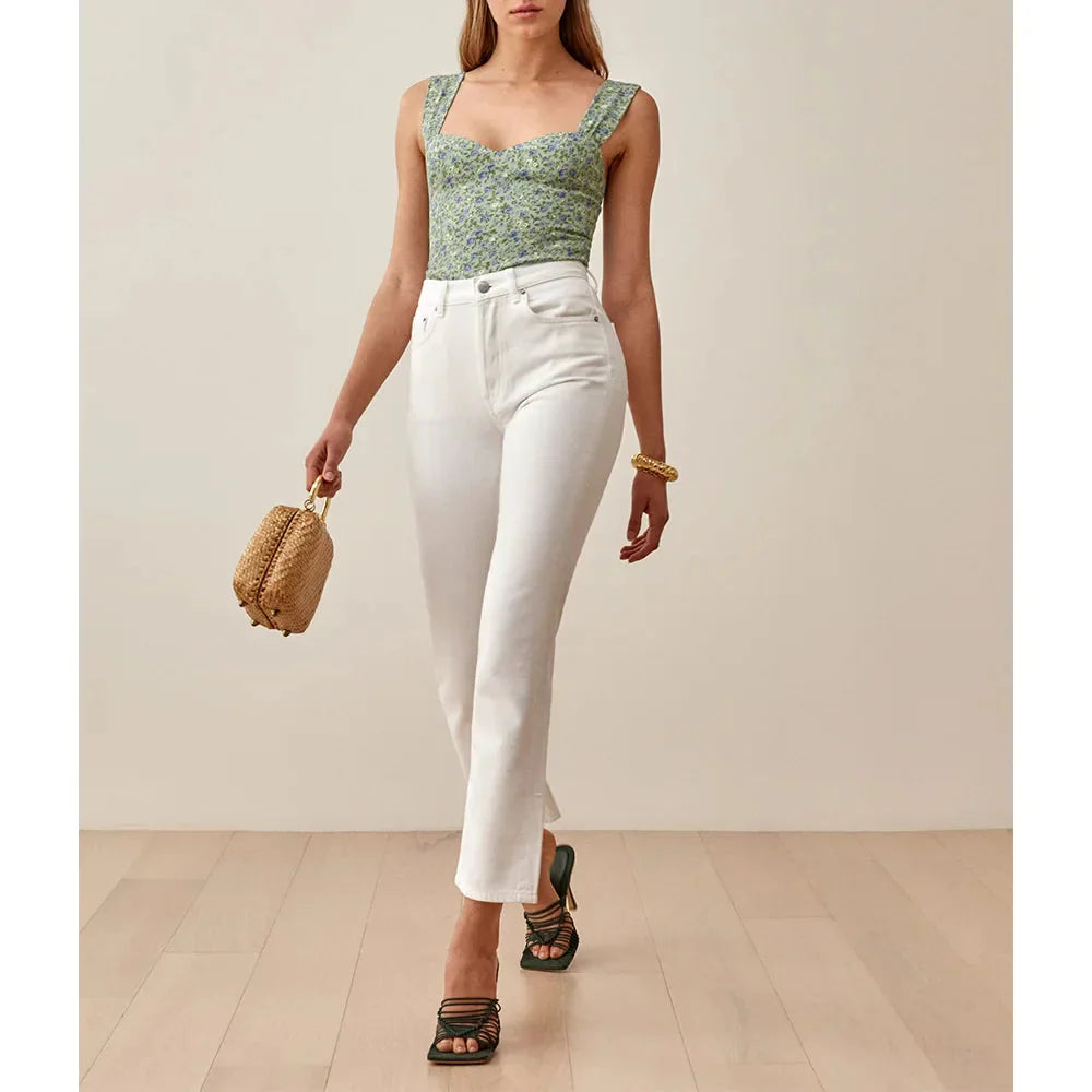 Boho Beach Vacation Floral Sweetheart Wide Strap Sleeveless Slim Crop Top