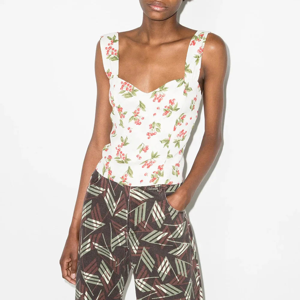 Boho Beach Vacation Floral Sweetheart Wide Strap Sleeveless Slim Crop Top