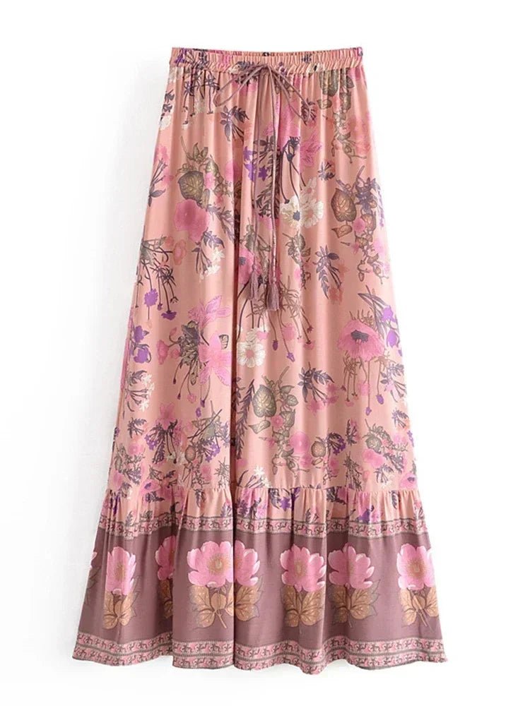 Summer Yellow Floral Print Tassel Beach Bohemian Pleated Rayon Boho Skirt