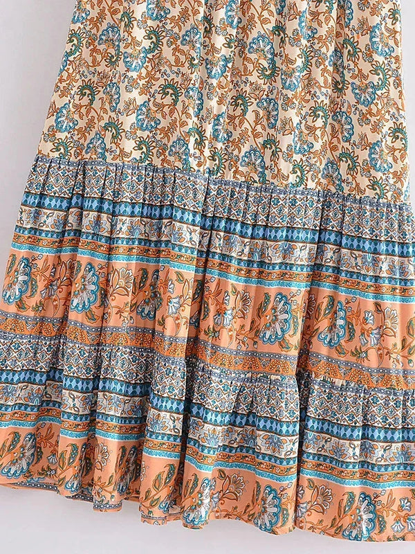 Vintage Summer Floral Print Beach Bohemian Maxi A-Line Skirt