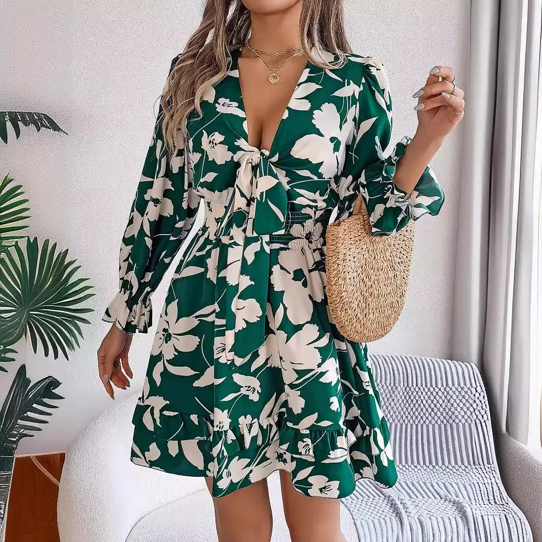 Fall Flounced Sleeve Flowered Dress