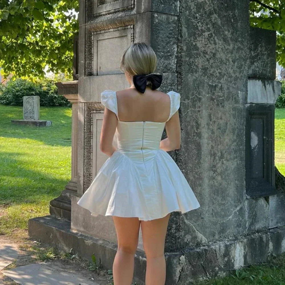 V Neck Cape Sleeve Fluffy White Mini Dress