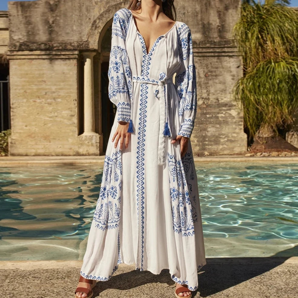 White Decorated Cotton Full-Length Dress