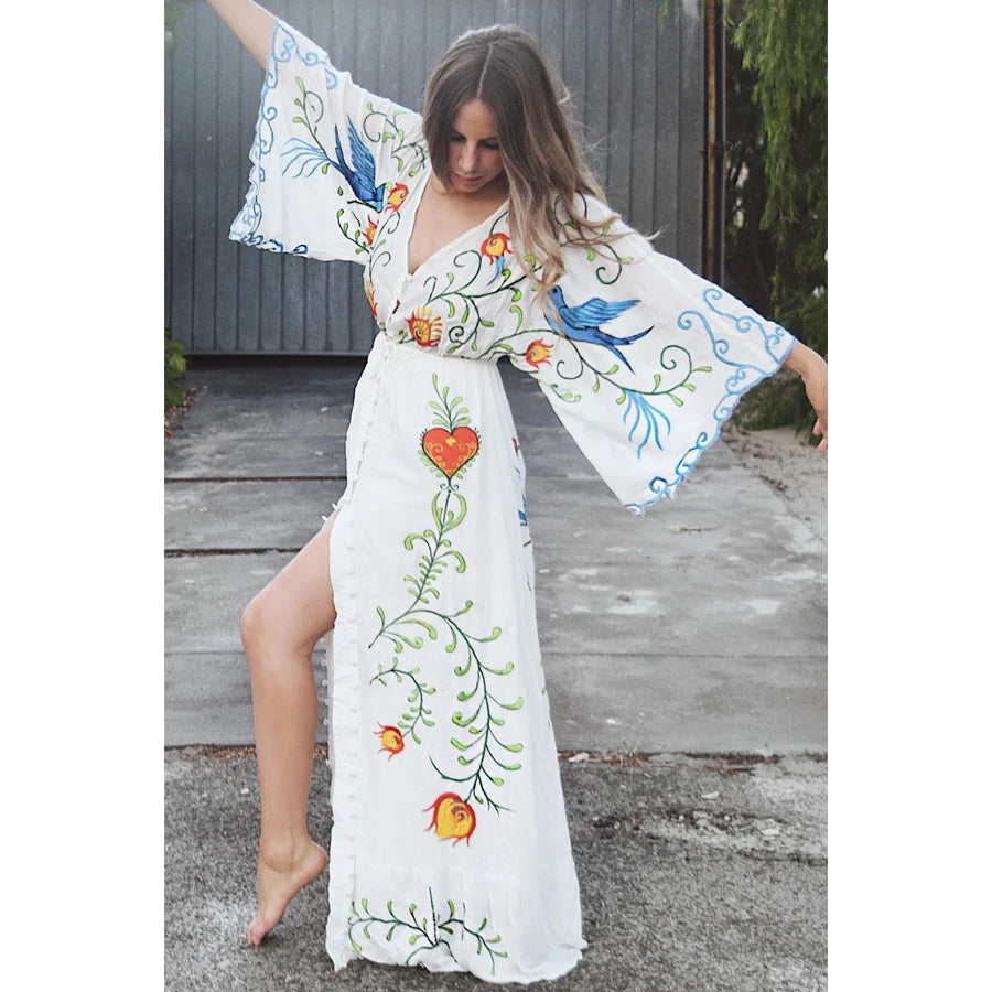 White Long Dress Cotton Floral Stitching Seductive V-neck Beach Dress