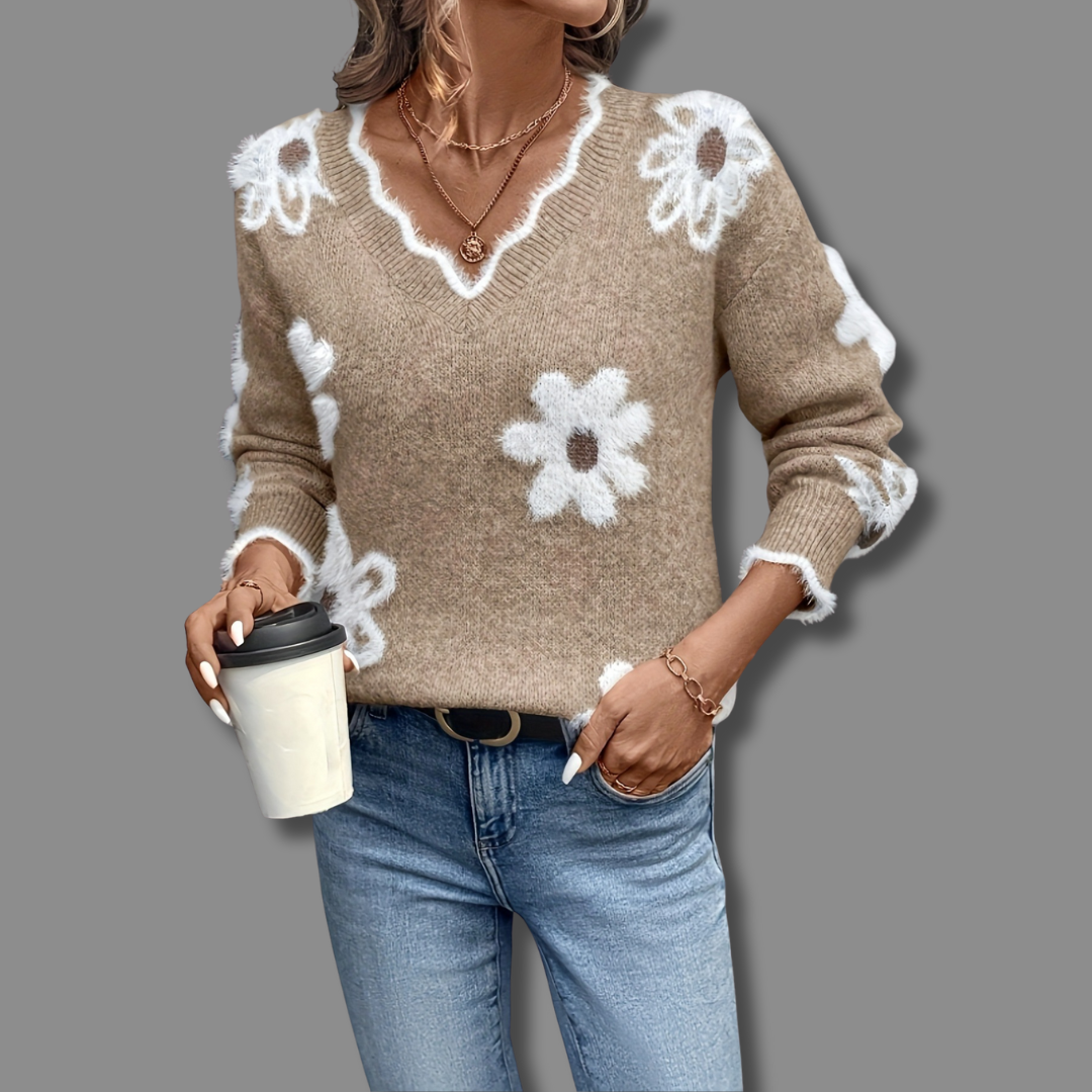 Trie | Women's Floral Applique V-Neck Sweater