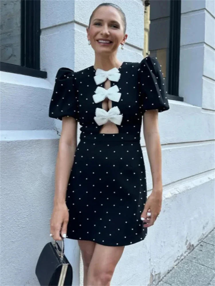 Bow Hollow-Out Patchwork Mini Dress