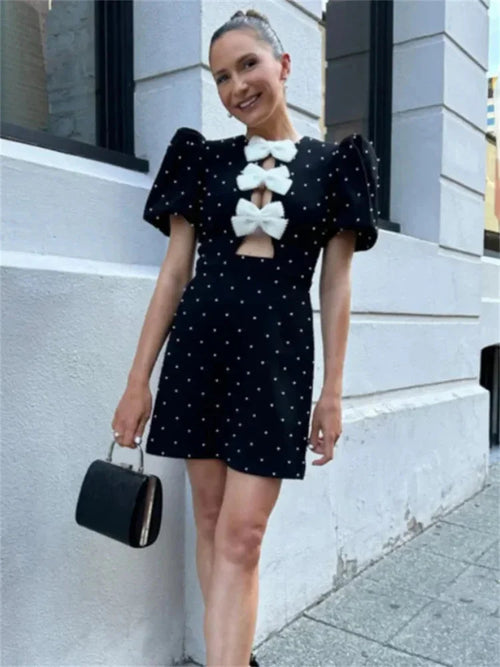 Bow Hollow-Out Patchwork Mini Dress