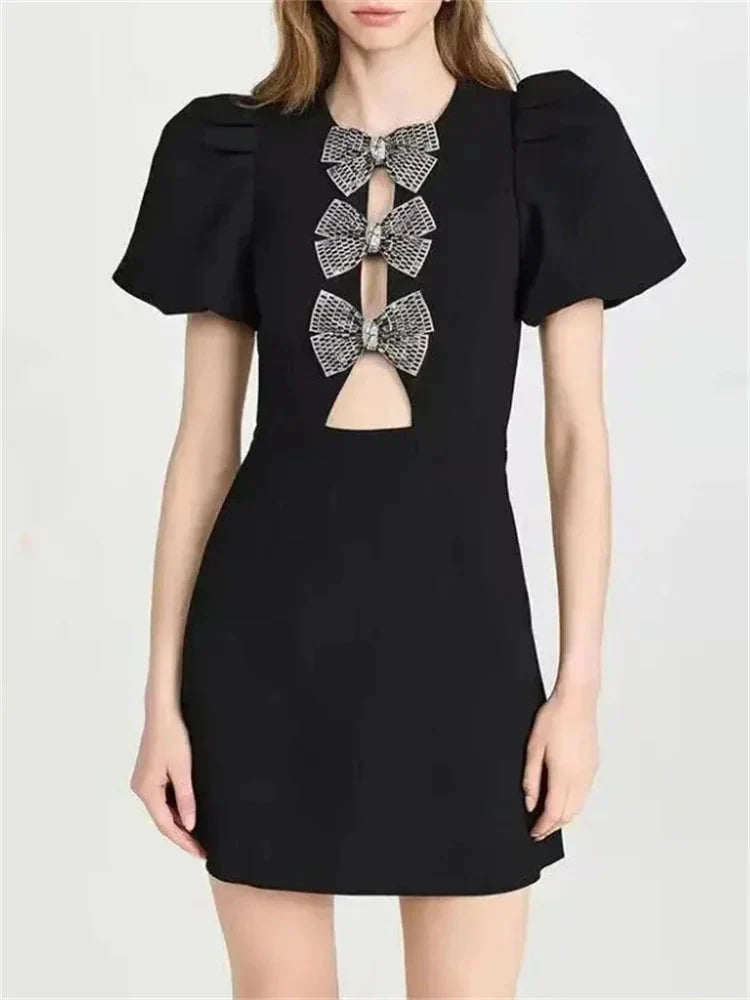 Bow Hollow-Out Patchwork Mini Dress