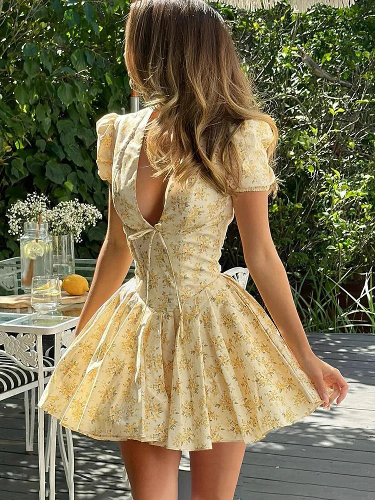Flower Print Deep V-Neck Mini Dress