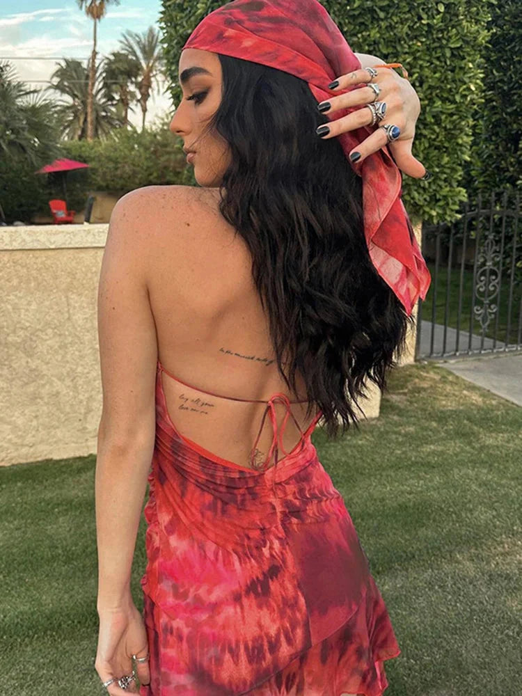 Halter Chiffon Folds Mini Dress