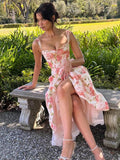 Waist Wrap Spaghetti Strap Print Floral Dress