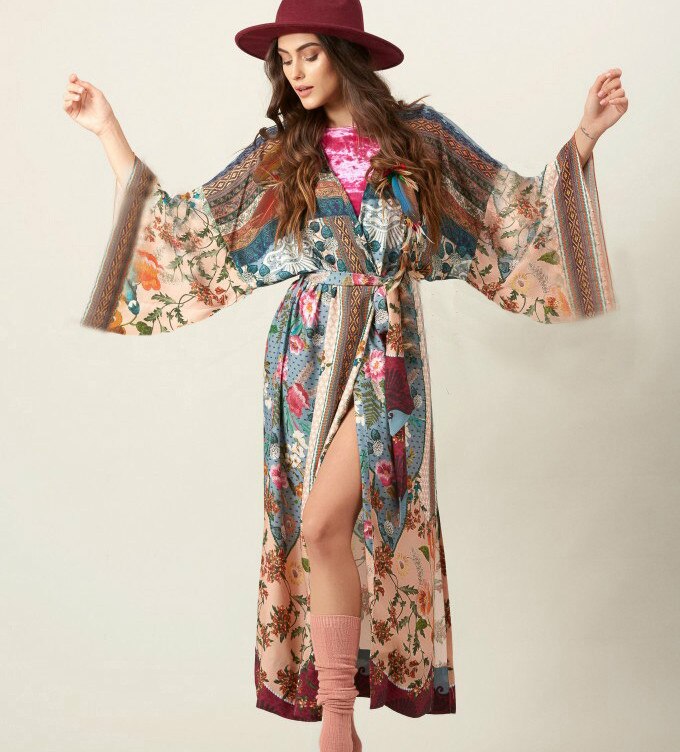 Cotton Kimono Flower Printed Bohemian Beach Cover Up