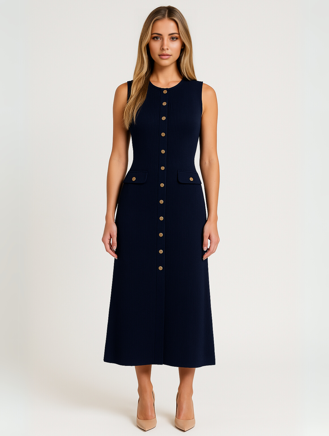 Ribbed Knit Gold Button Sleeveless A Line Midi Dress