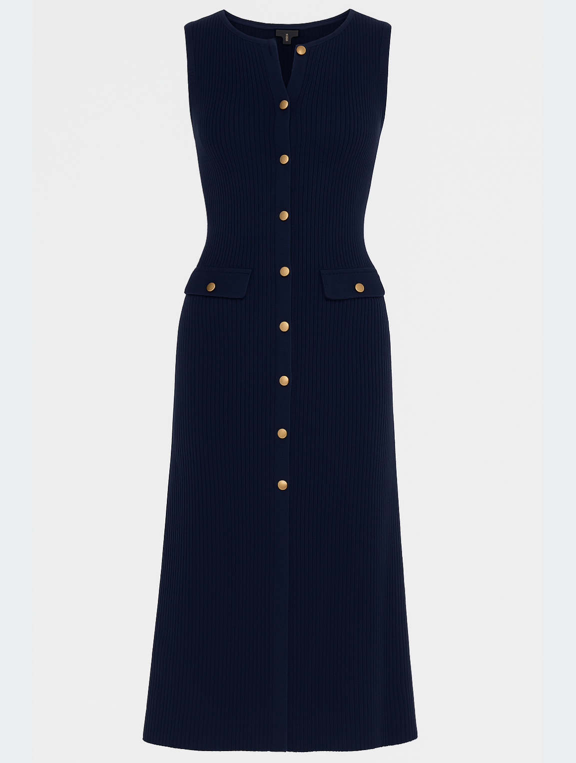 Ribbed Knit Gold Button Sleeveless A Line Midi Dress