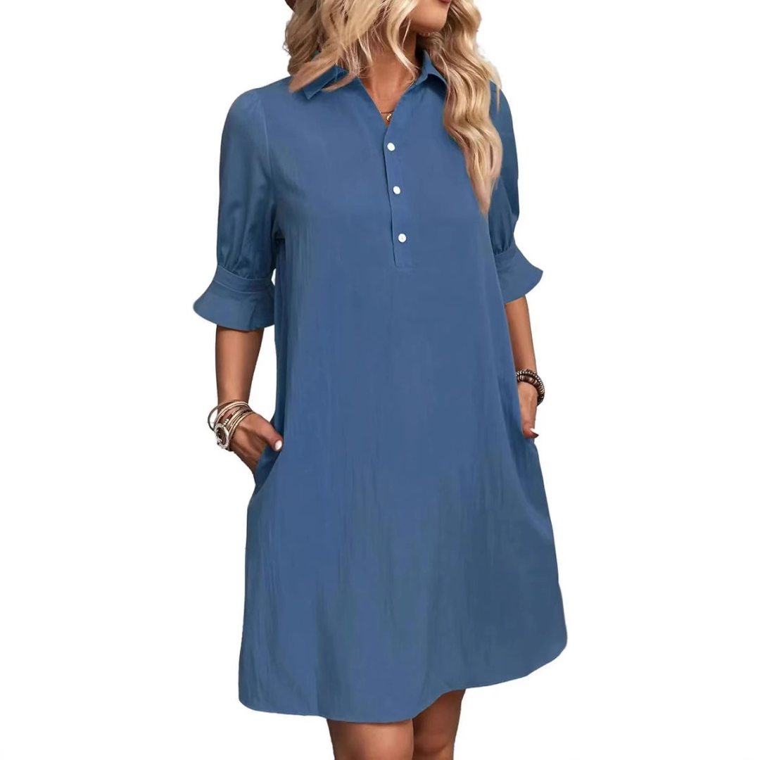 Collar Half Button Puff Sleeve Ruffle Cuff Casual Shirt Dress