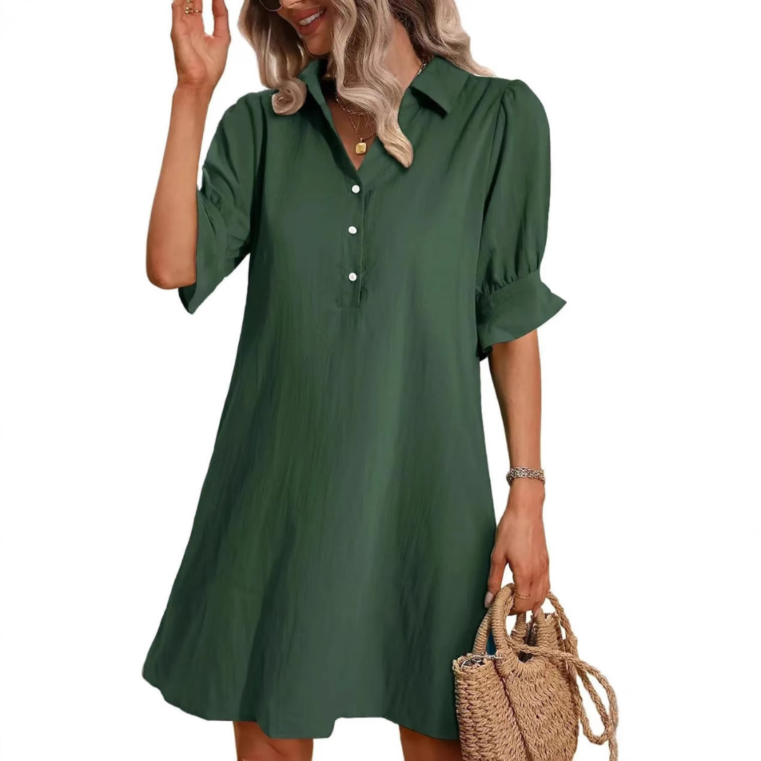 Collar Half Button Puff Sleeve Ruffle Cuff Casual Shirt Dress