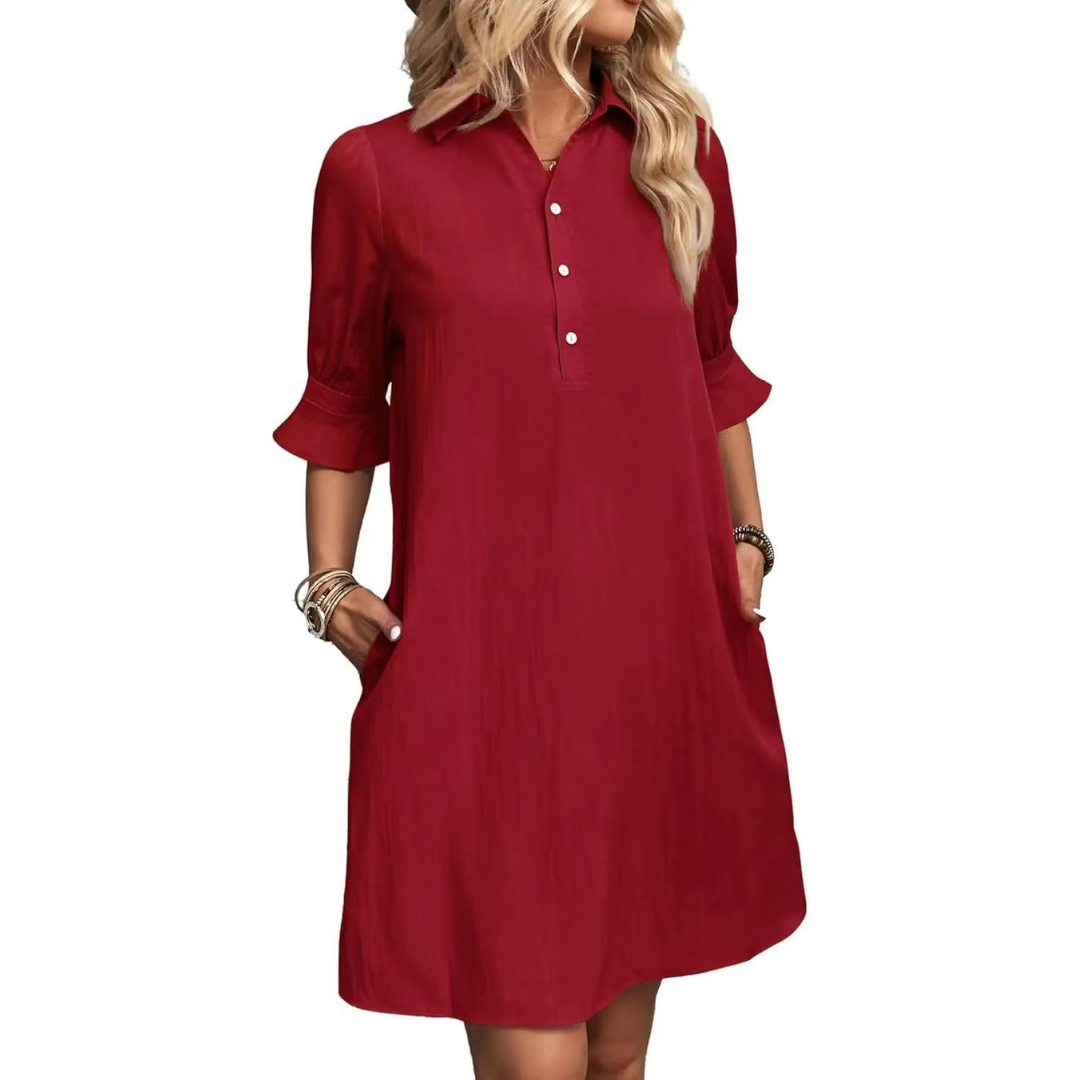 Collar Half Button Puff Sleeve Ruffle Cuff Casual Shirt Dress