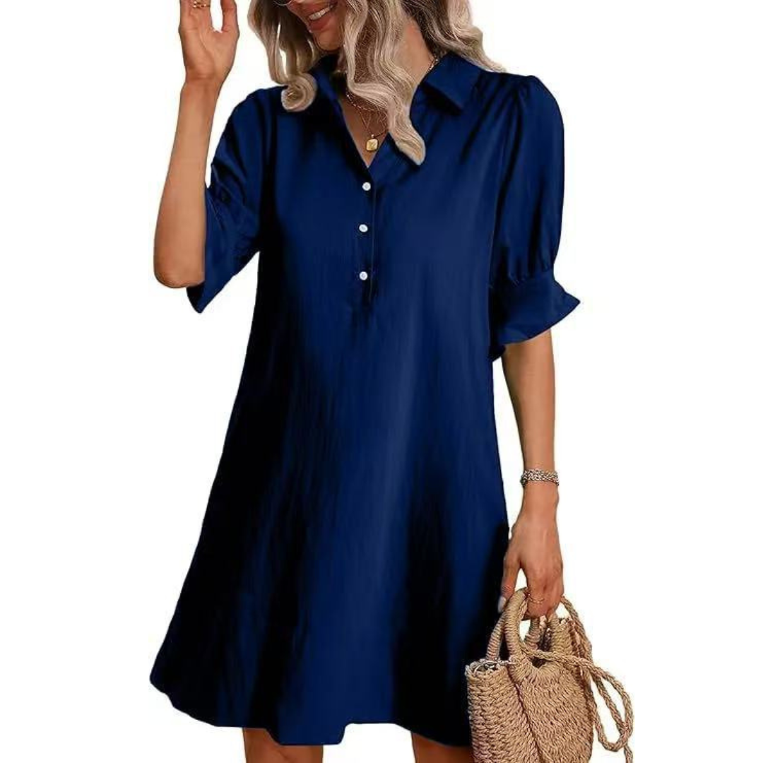 Collar Half Button Puff Sleeve Ruffle Cuff Casual Shirt Dress