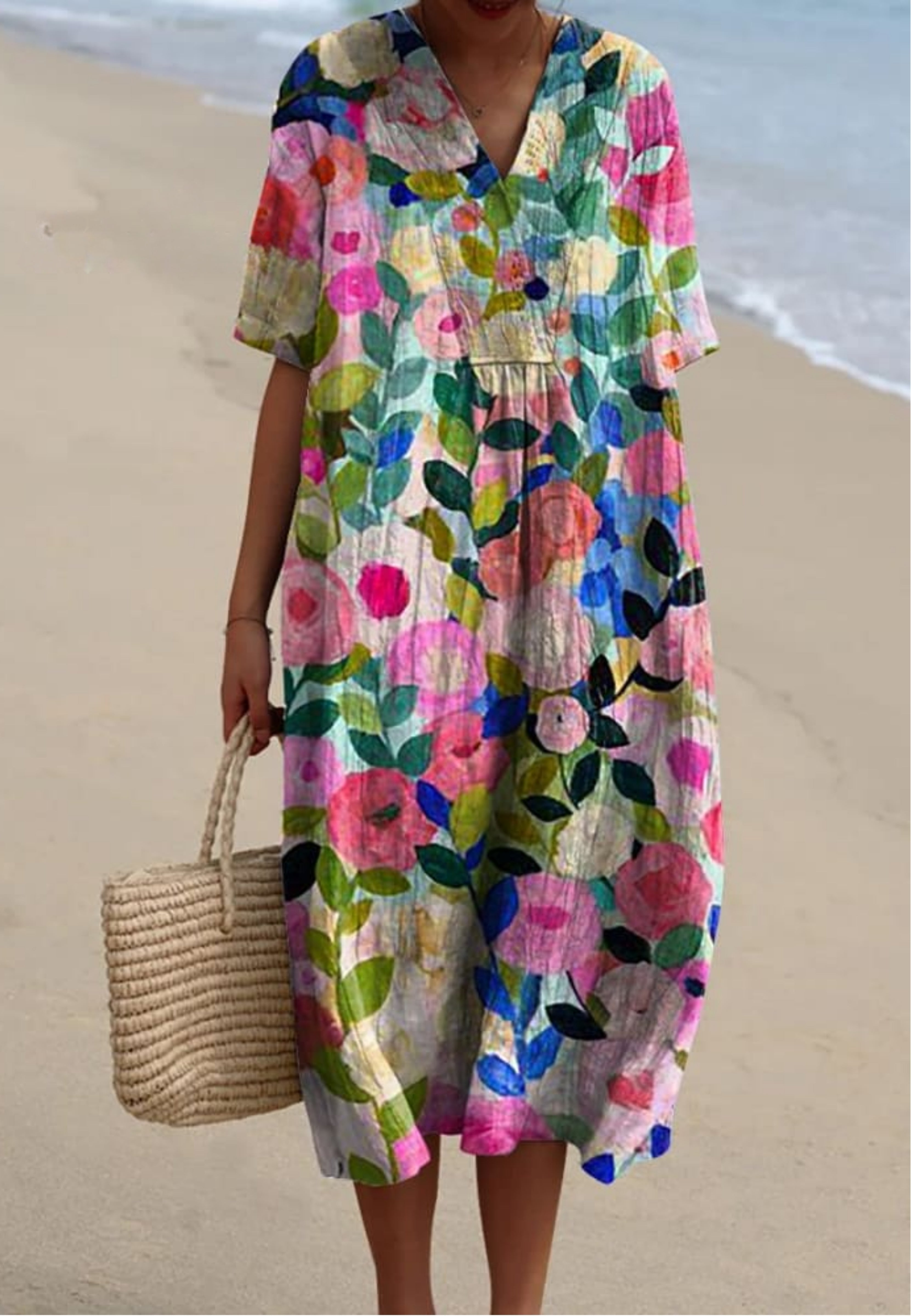 Floral V Neck Short Sleeve Oversized Casual Midi Dress
