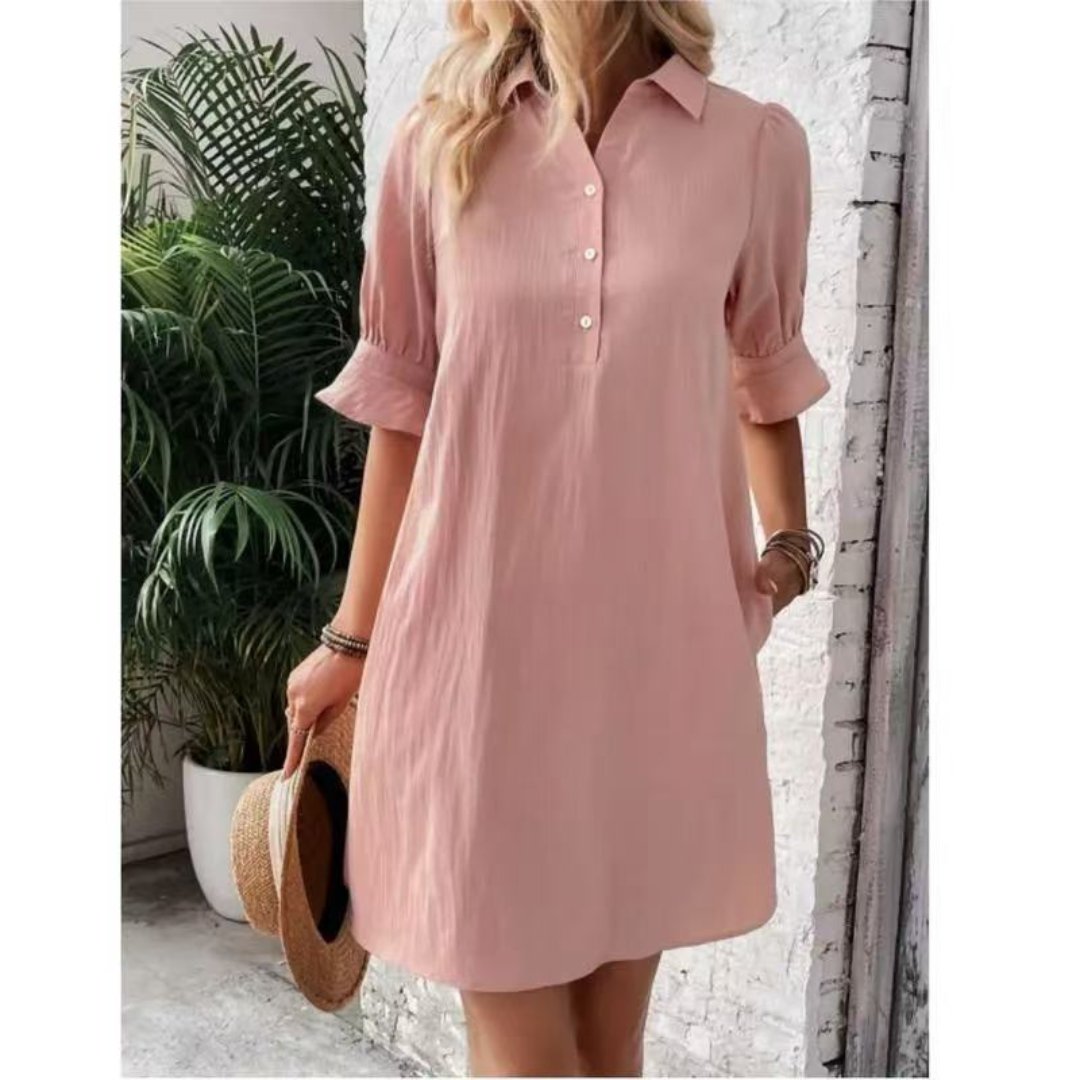 Collar Half Button Puff Sleeve Ruffle Cuff Casual Shirt Dress