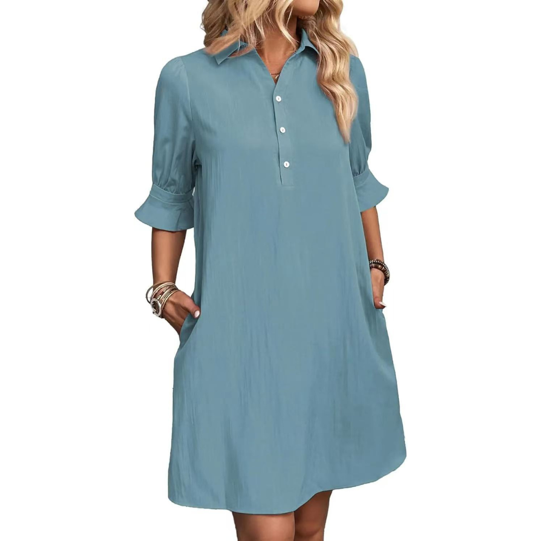 Collar Half Button Puff Sleeve Ruffle Cuff Casual Shirt Dress